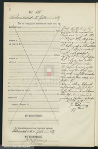 Der Eintrag der Mitteilung des Todes aus dem Jahr 1889 - Quelle: http://szukajwarchiwach.pl/53/1913/0/4/51/str/1/10/15#tabSkany