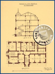 Przekrój A-B, i rzut piwnicy  Gustav Knoblauch (1833-1916) projekt na kalce Źródło: Muzeum Architektury Uniwersytetu Technicznego w Berlinie – Biblioteka Uniwersytecka Nr Inw. GK423,006