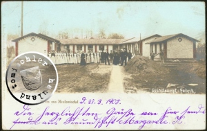 Ansicht der ersten Glühstrumpffabrik 1904/1905 in der ehemaligen Bahnhofstraße in Neutomischel - Ansichtskarte aus der Sammlung A. Kraft