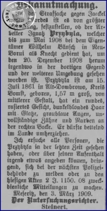 Suche nach dem Aufenthalt des Ignatz Przybyla - Kreisblatt Ausschnitt1908
