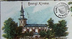Postkartenausschnitt der "alten" ehemaligen evgl. Kirche zu Grätz