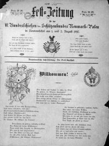 Titelseite: „Fest-Zeitung für das VI Bundesschiessen der Schützenbund Neumark-in Posen Neutomischel am 1. und 2. August 1897 " - In  Sammlungen der Universitätsbibliothek in Poznan 