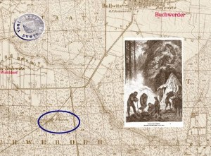 Theerofen im Bolewicer Forst / Quelle: 3) Ausschnitt Messtischblatt und 4) als Beispiel die Zeichnung einer Köhlerei